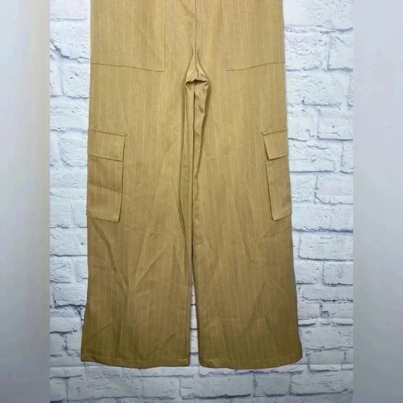 Pretty Little Thing Pinstripe Wideleg Cargo Side Slit Casual Trouser Pants - Picture 4 of 8